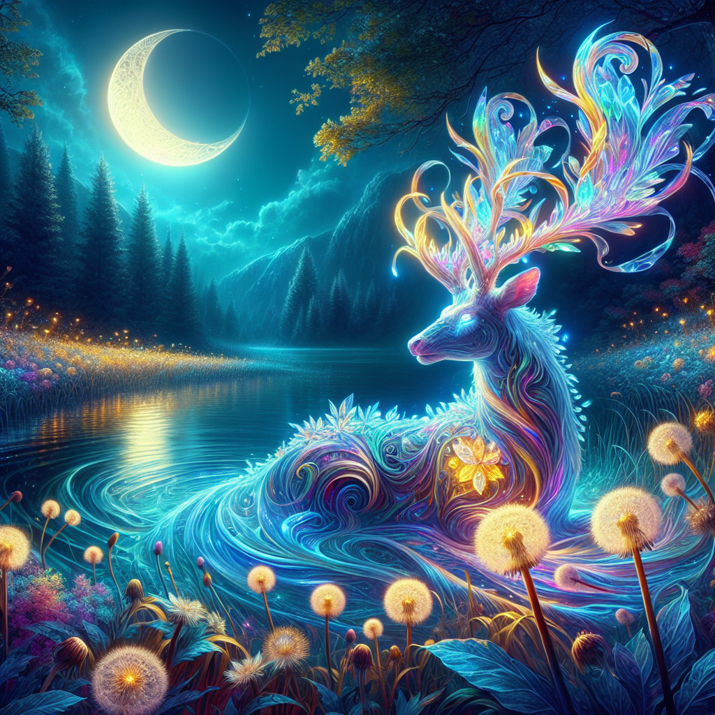 Ethereal deer in moonlit lake with vibrant patterns