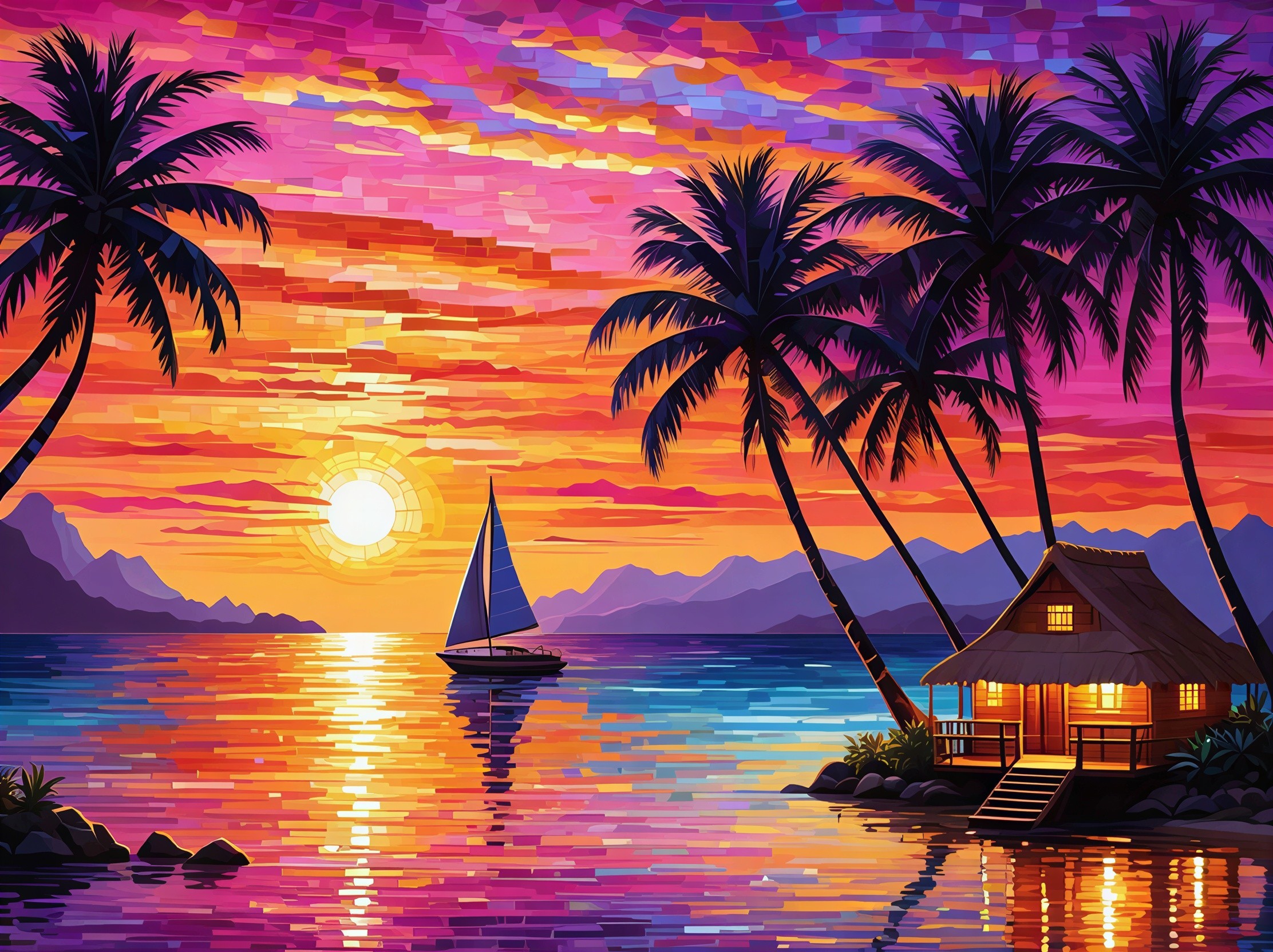 Mosaic Digital Painting of Tropical Sunset Over Ocean