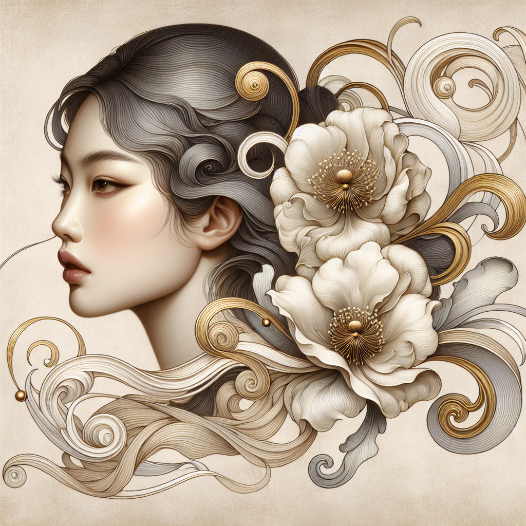 Delicate Portrait of Woman with Gray Hair and Flowers