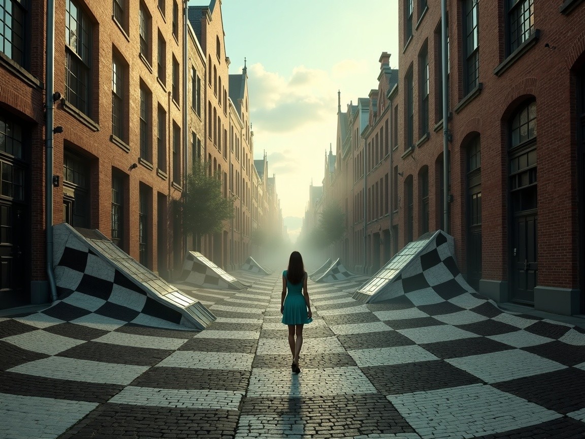 Woman in Teal Dress on Surreal Checkered Pathway