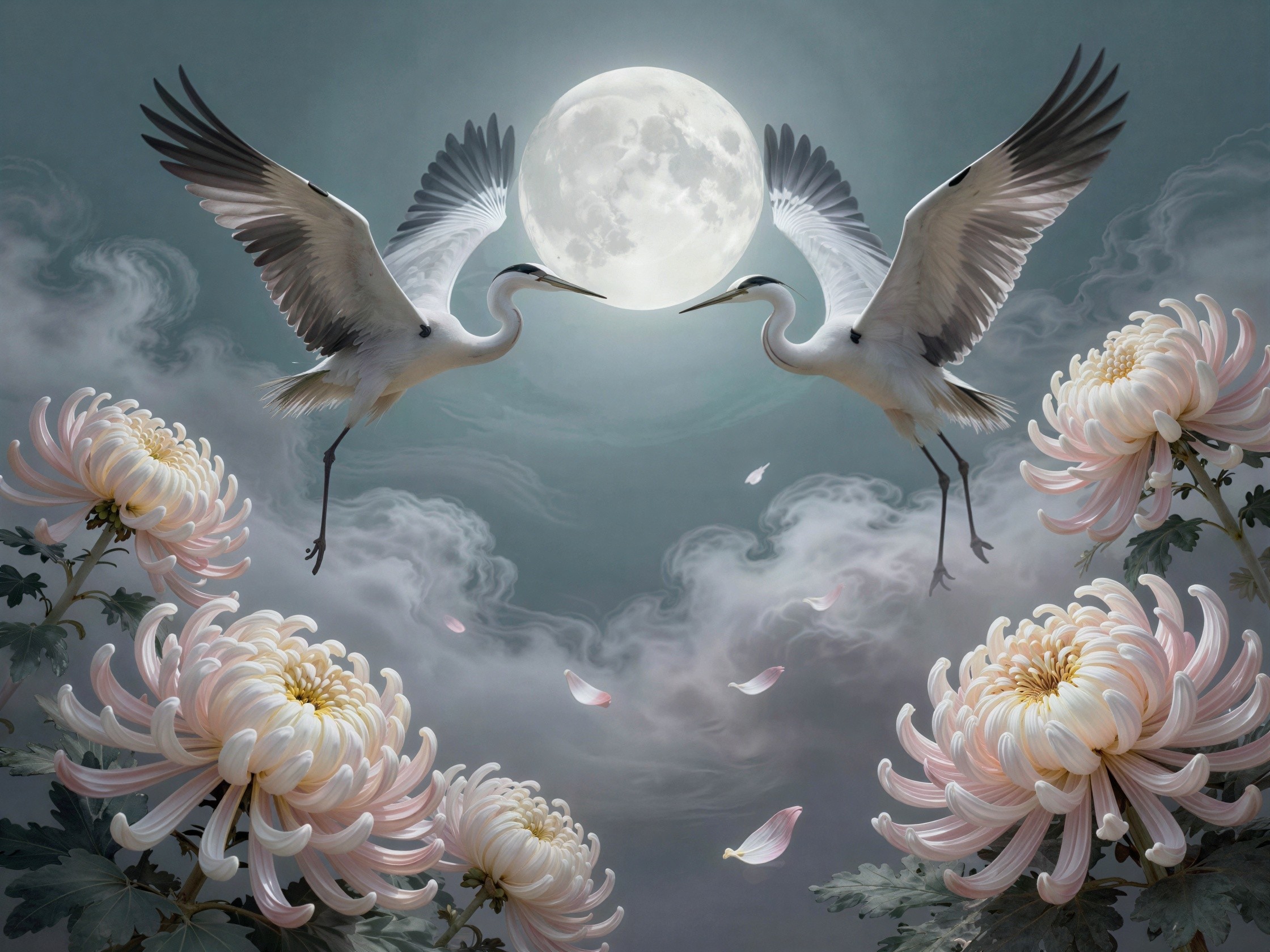 Elegant Cranes Among Pink Chrysanthemums and Moonlight