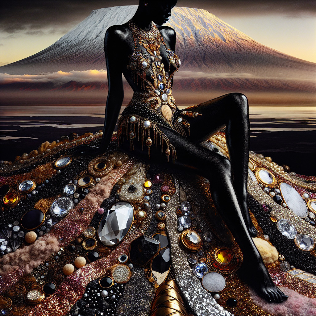 Elegant figure in lavish gown by a volcanic sunset