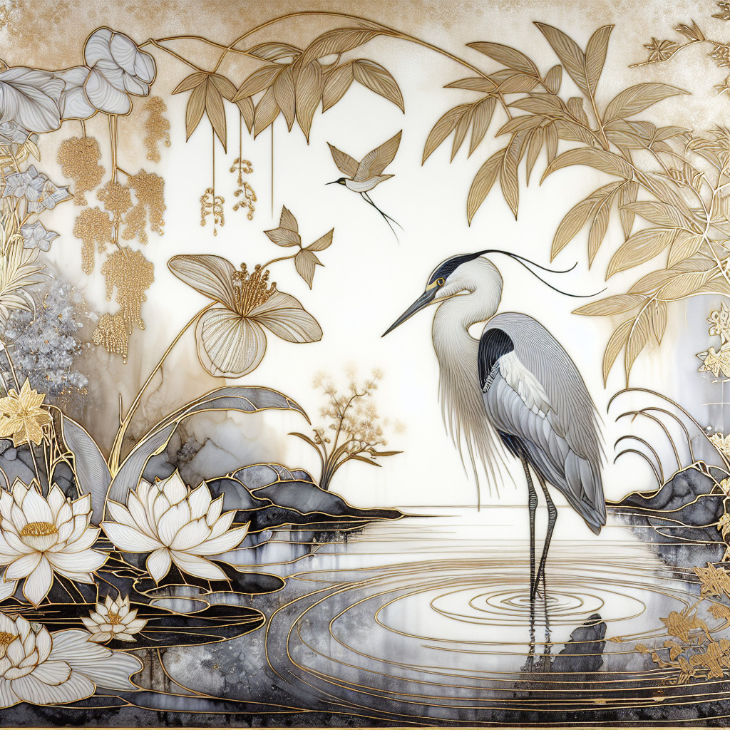 Elegant heron by tranquil pond with lotus flowers