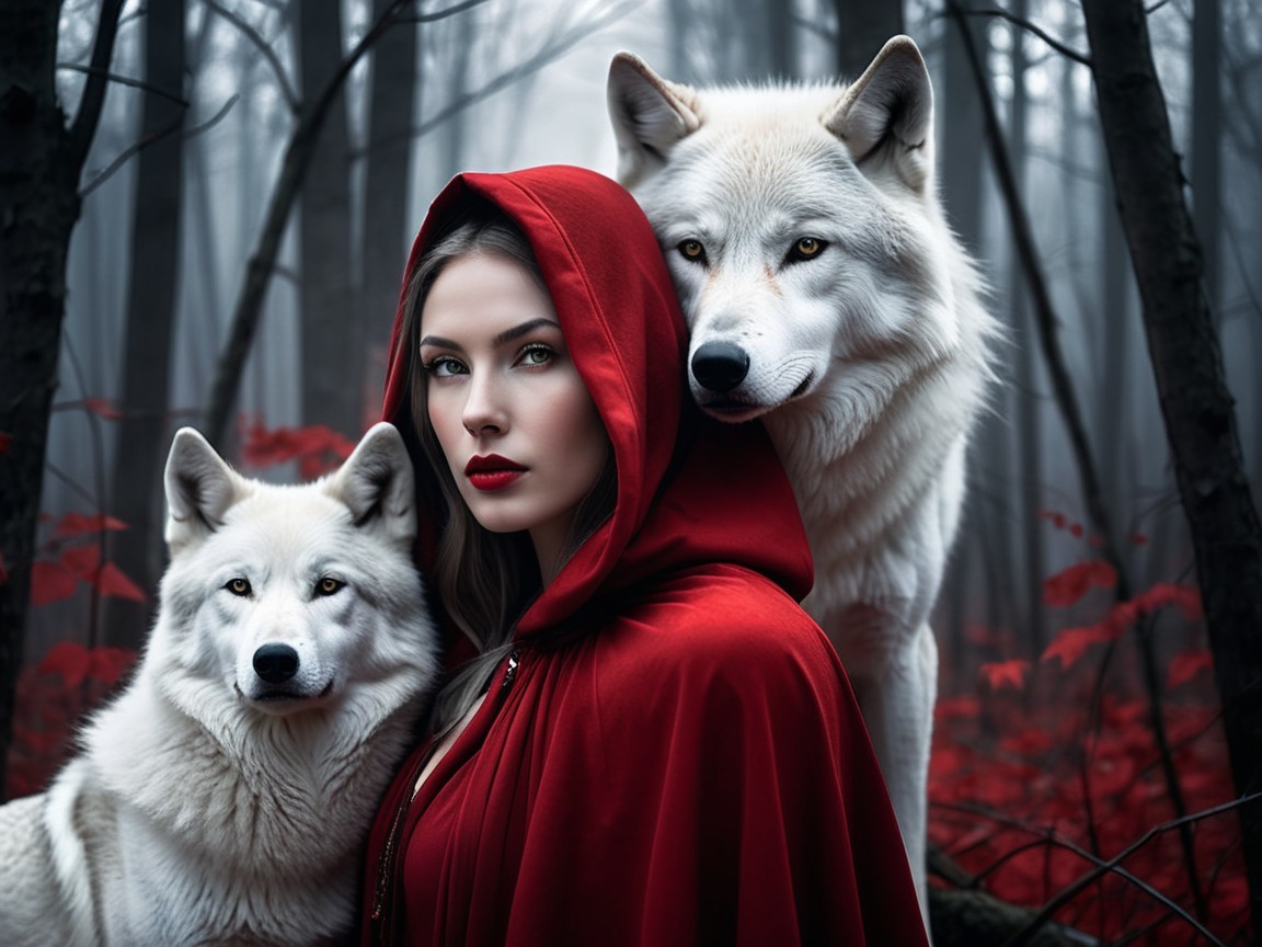 Misty Forest Scene with Woman and White Wolves