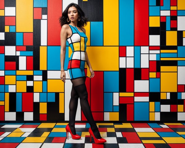 Model in Geometric Dress Against Colorful Abstract Wall