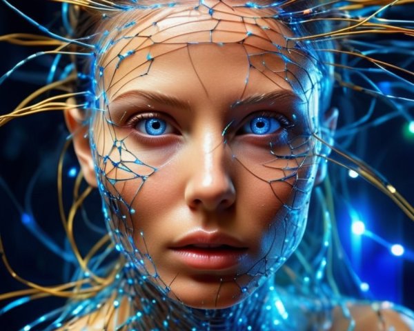 Portrait of a woman with blue eyes and circuitry elements