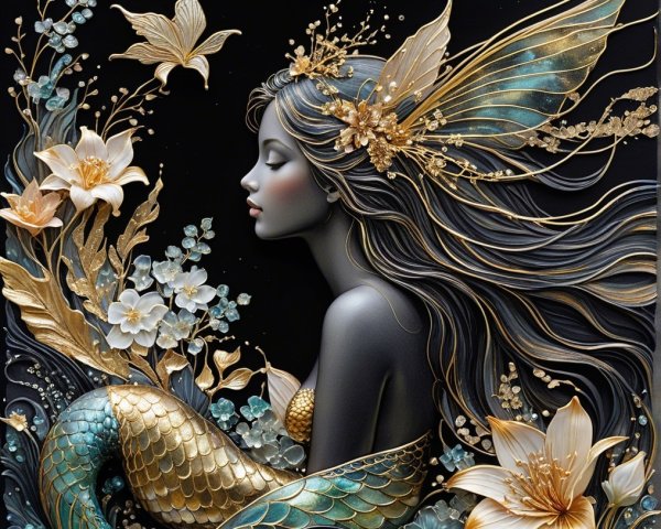 Elegant Mermaid Surrounded by Flowers and Leaves
