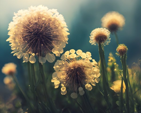Dandelion Puffballs in Soft Sunlight and Greenery