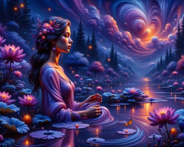 Serene Woman in Tranquil Pond with Lotus Flowers