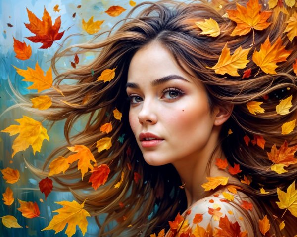 Young Woman with Autumn Leaves in Colorful Background