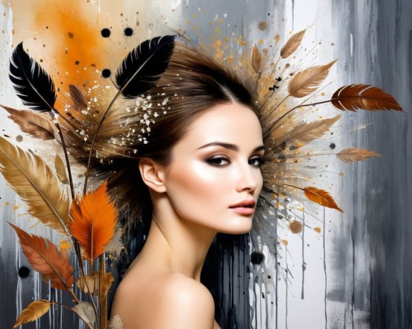 Portrait of a woman amidst vibrant leaves and feathers