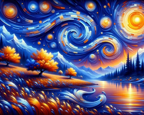 Vibrant landscape with starry skies and mountains