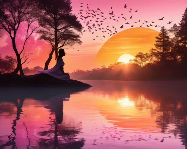 Serene Sunset Over Tranquil Lake with Silhouetted Figure