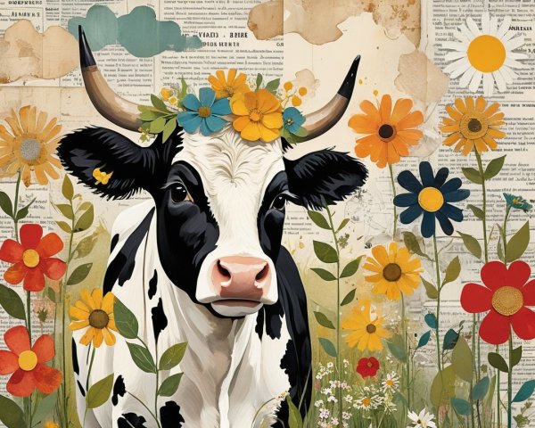 Black-and-White Cow with Floral Crown and Wildflowers