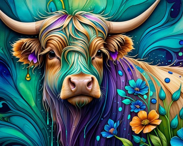 Stylized Illustration of a Multicolored Highland Cow