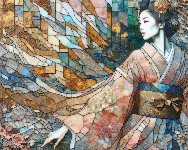 Stylized Woman in Kimono with Mosaic Background