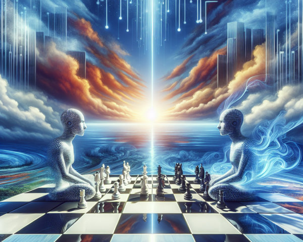 Surreal Chess Scene with Humanoid Figures and Cosmic Sky