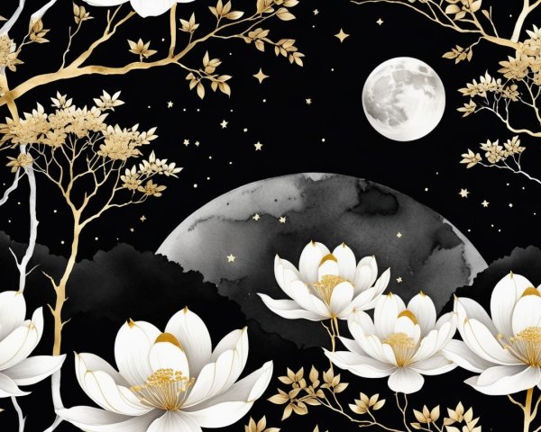 Elegant White Lotus Flowers Under a Starry Sky