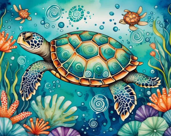 Vibrant Underwater Scene with Colorful Turtle and Corals