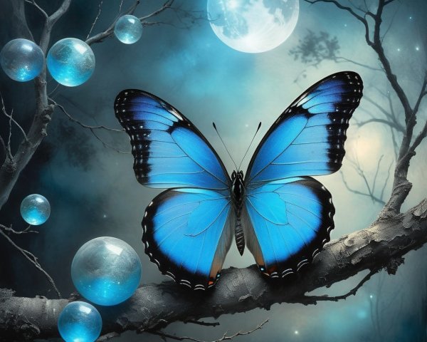 Blue Butterfly on Branch in Mystical Night Scene