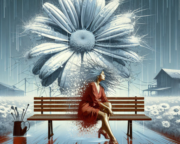 Woman in Red Dress Under Floral Structure in Rain