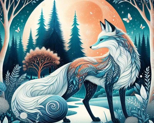 Stylized fox in vibrant landscape with moonlit glow