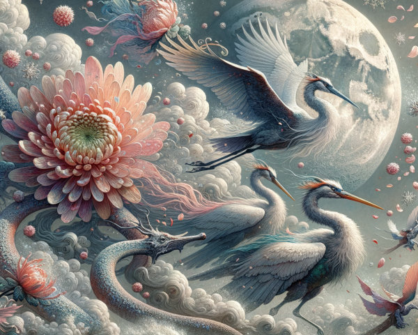 Surreal Landscape with Cranes and Dreamy Moon