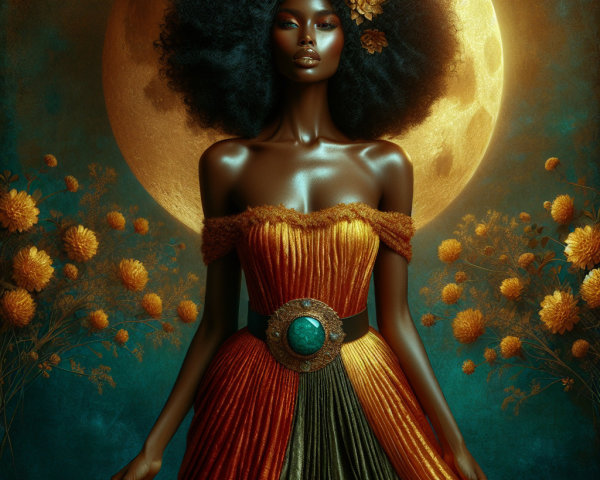 Elegant figure in a golden dress with floral accents