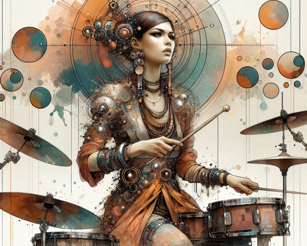 Illustration of a Female Drummer in Art Nouveau Style