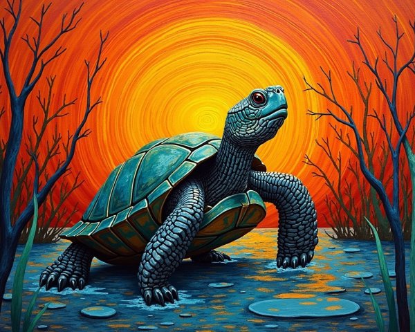 Surreal Painting of a Turtle in a Tranquil Pond