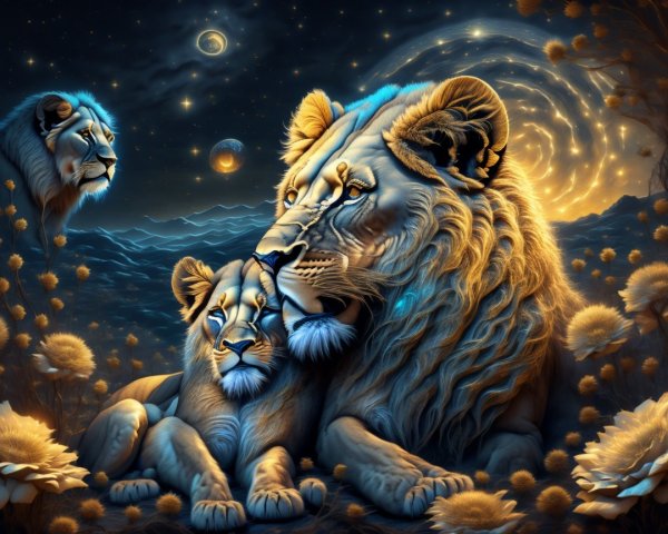Lion and Cub in a Surreal Night Landscape