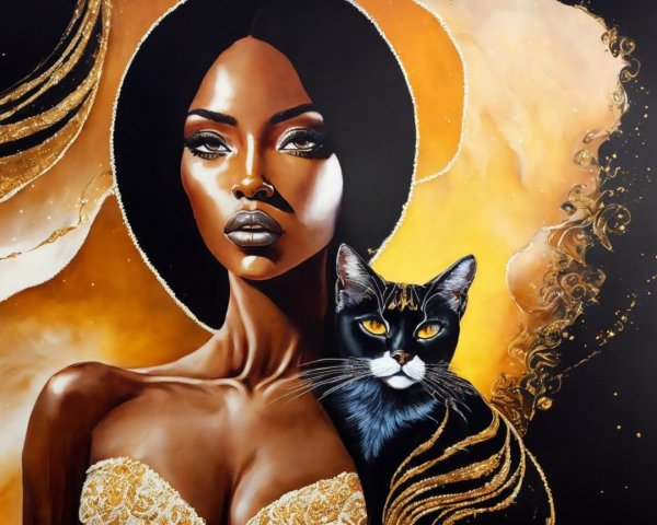 Artwork of a Confident Woman with a Black Cat