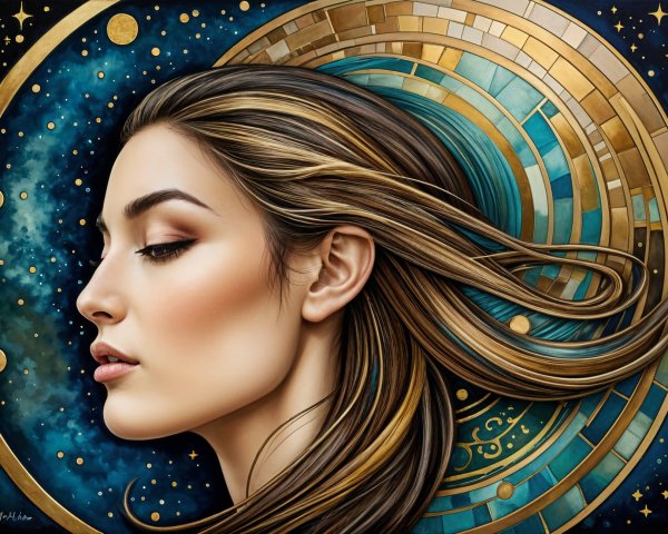 Young Woman Profile Against Cosmic Backdrop