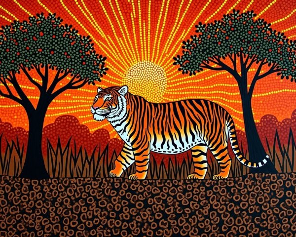 Vibrant Tiger in Colorful Stylized Landscape Scene