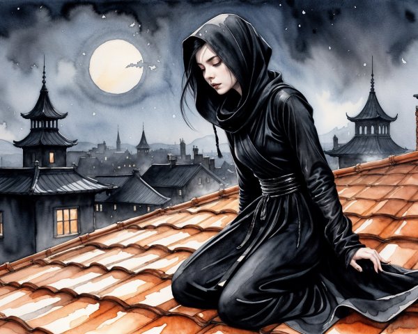 Cloaked Figure on Rooftop Overlooking City at Night