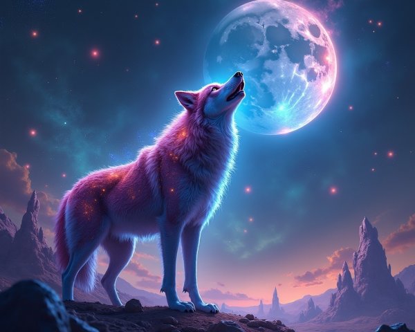 Wolf Howling at a Luminous Moon in Starry Landscape