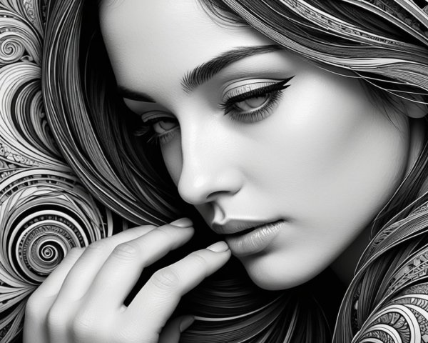 Black-and-white artwork of a woman's face with patterns