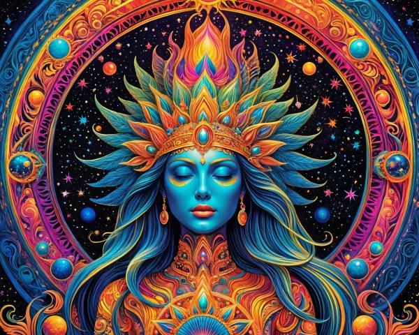 Mystical Figure in Cosmic Setting with Vibrant Colors