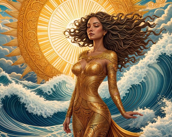 Majestic figure in gold dress against vibrant waves