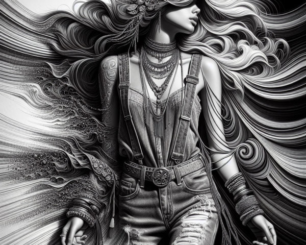 Black and white portrait of a woman with floral headband