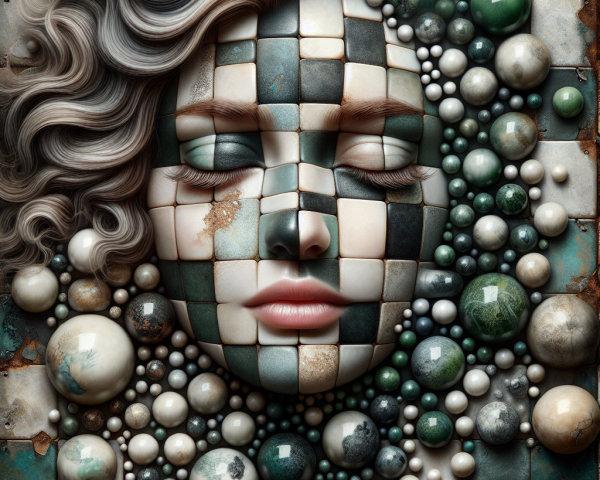 Surreal Face with Mosaic Tiles and Earthy Tones