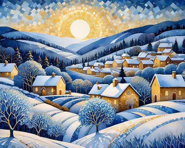 Digital Watercolor Mosaic of a Winter Village Scene