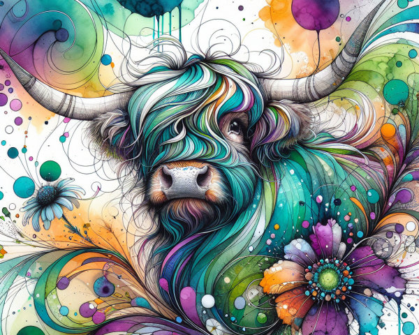 Vibrant Illustration of a Colorful Highland Cow
