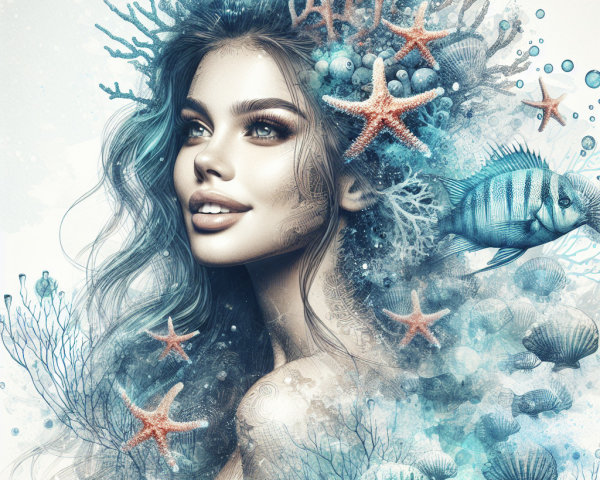 Underwater Scene with Woman, Coral, and Fish