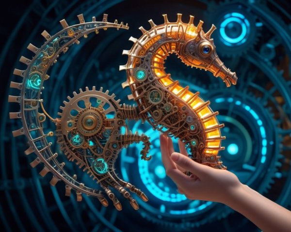 Close-Up of a Gold Robotic Seahorse in Hand