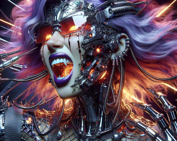 Futuristic Cybernetic Figure with Purple Hair and Fangs