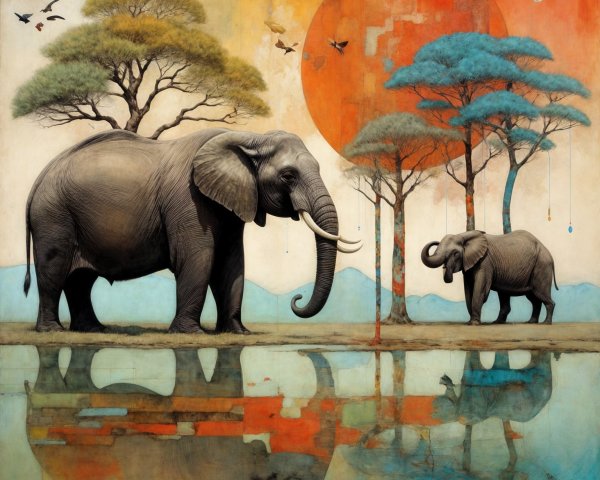 Elephants by Reflective Water at Sunset in Artwork