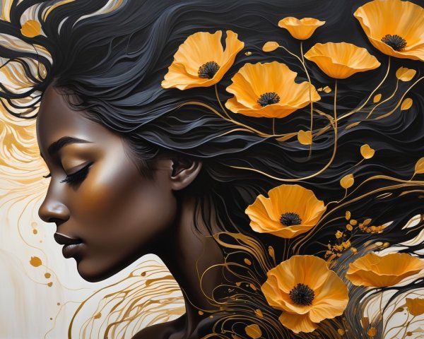 Profile of a Woman with Dark Hair and Orange Poppies