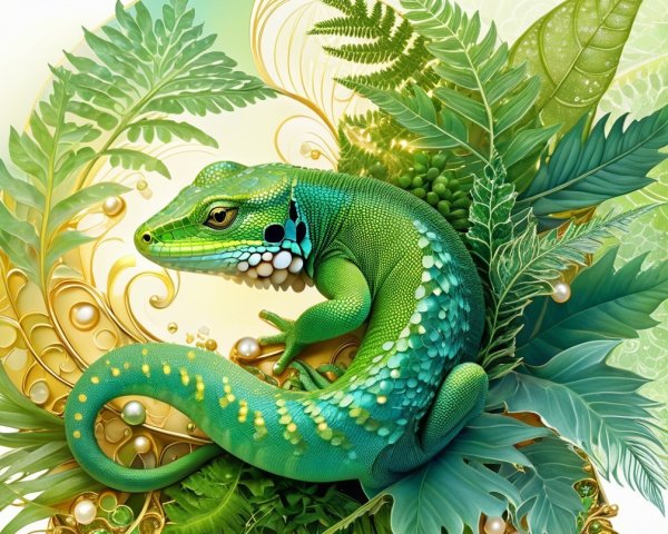 Vibrant Lizard Among Lush Green Foliage and Pearls