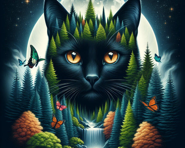 Surreal Illustration of a Cat in a Forest Setting
